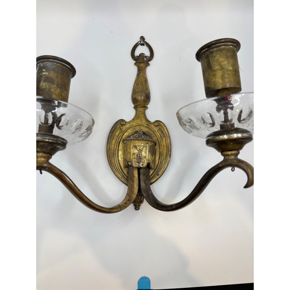 Antique Brass Double Wall Sconce Candle Holder with Glass Bobeches Vintage 2-Arm - Picture 2 of 10